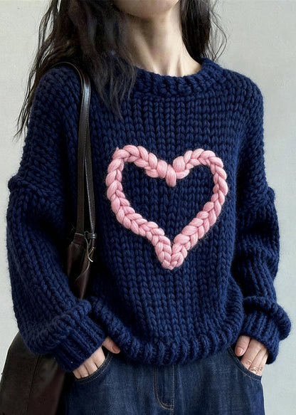 Loose Navy O Neck Loving Heart Cozy Knit Sweater Winter