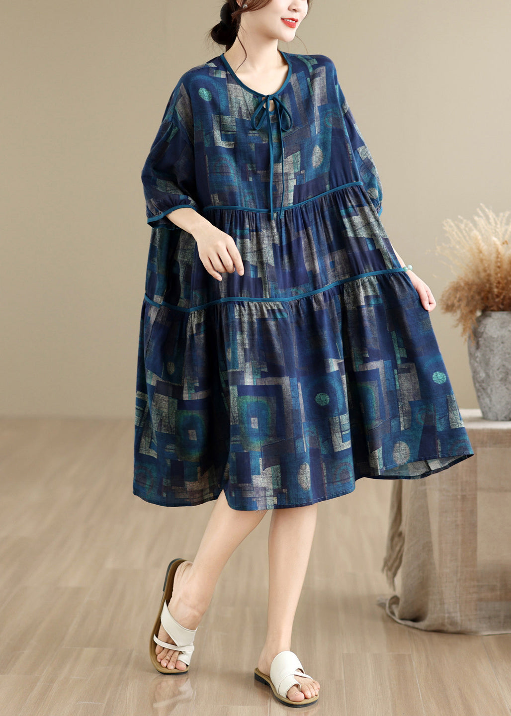 Loose Navy O Neck Print Patchwork Cotton Mid Dress Summer