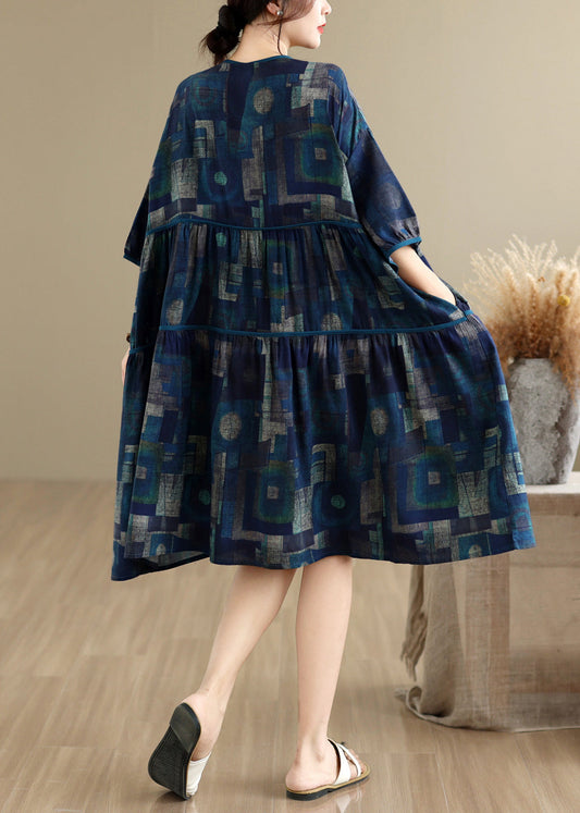Loose Navy O Neck Print Patchwork Cotton Mid Dress Summer