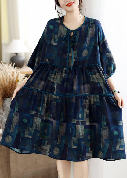 Loose Navy O Neck Print Patchwork Cotton Mid Dress Summer