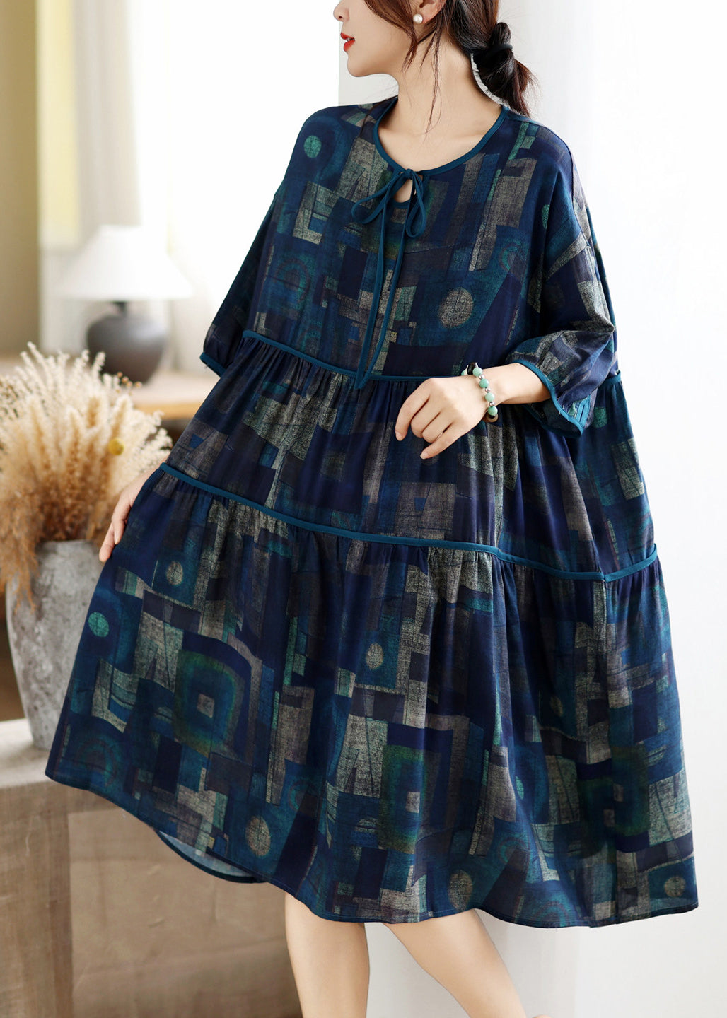Loose Navy O Neck Print Patchwork Cotton Mid Dress Summer