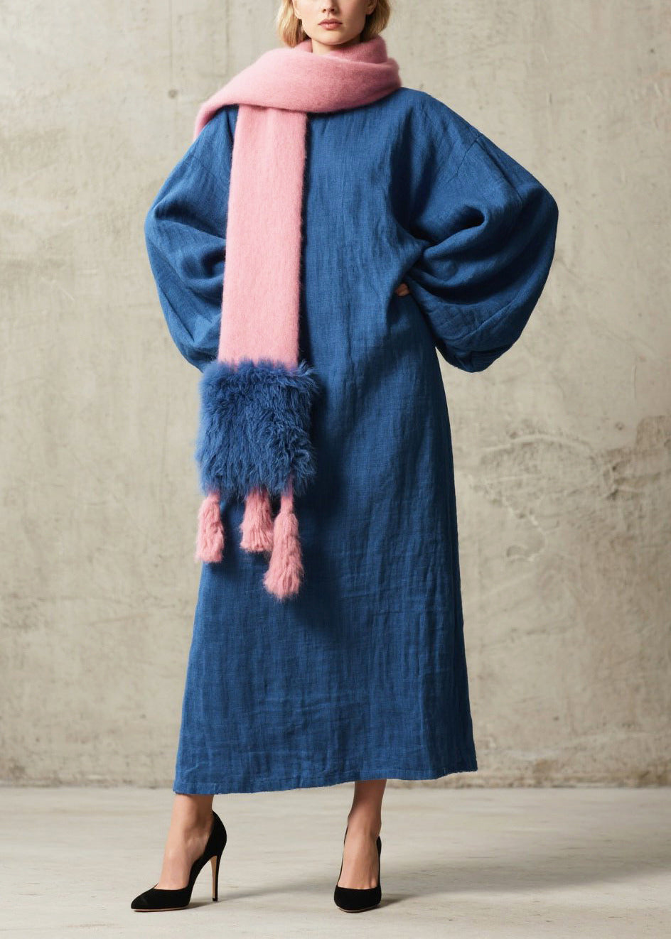 Loose Navy Oversized Cotton Robe Dresses Lantern Sleeve