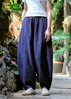 Loose Navy Pockets Elastic Waist Linen Pants Trousers Summer