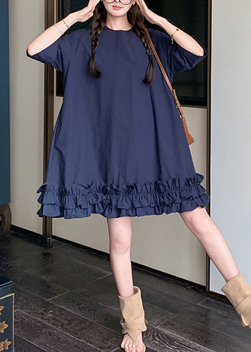 Loose Navy Ruffled Pockets Lace Up Cotton Dresses Half Sleeve