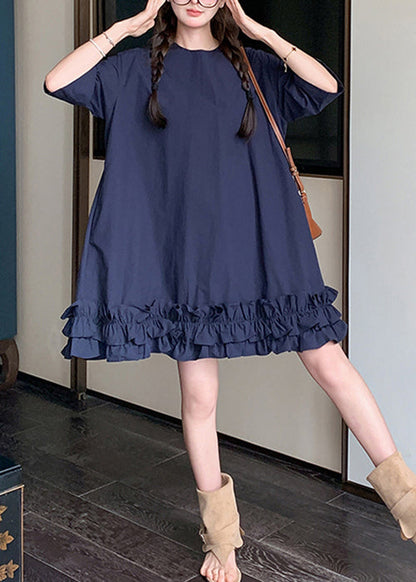 Loose Navy Ruffled Pockets Lace Up Cotton Dresses Half Sleeve