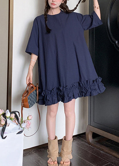 Loose Navy Ruffled Pockets Lace Up Cotton Dresses Half Sleeve