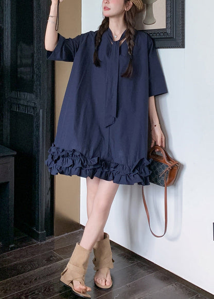 Loose Navy Ruffled Pockets Lace Up Cotton Dresses Half Sleeve