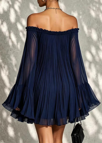 Loose Navy Slash Neck Pleated Chiffon Mini Dress Summer