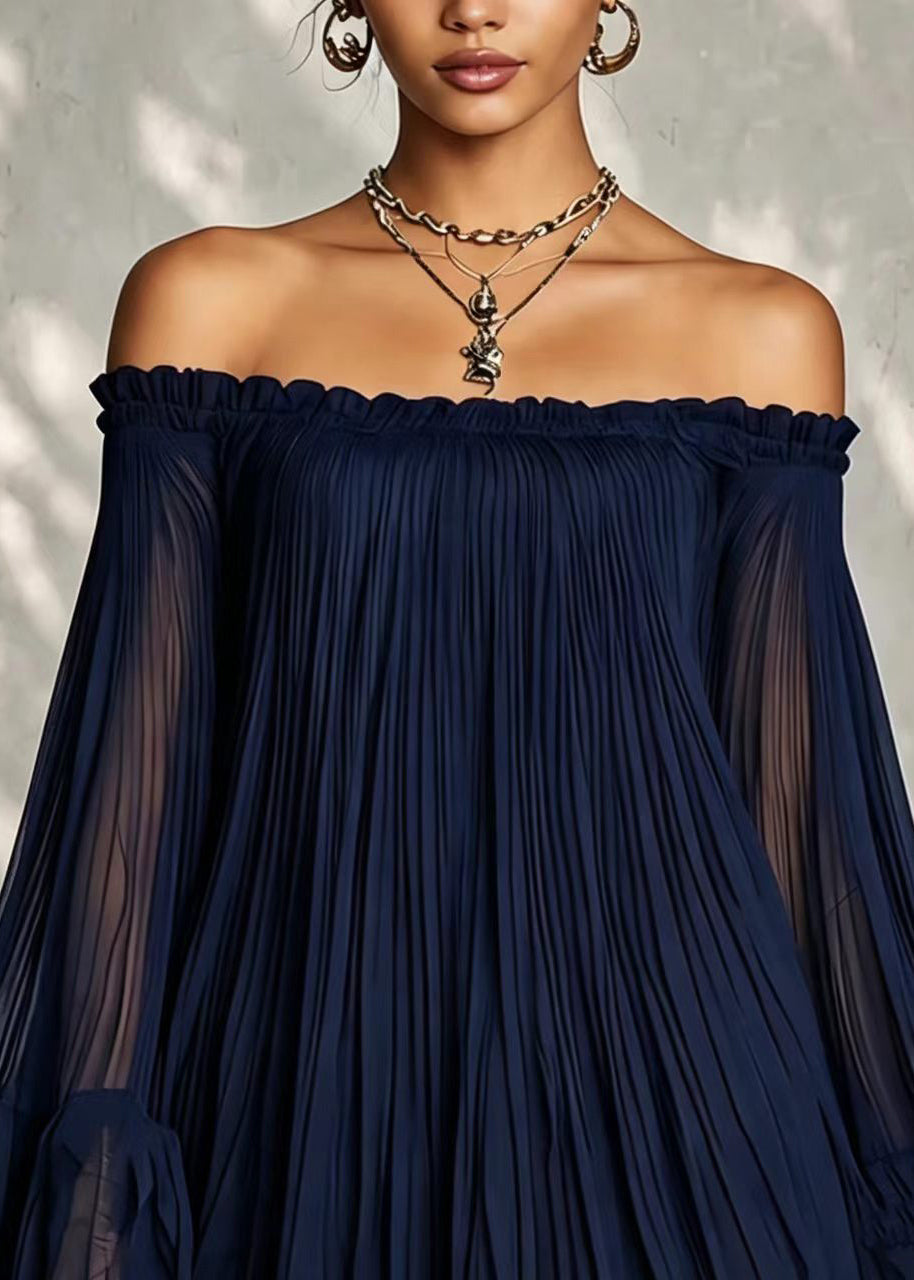Loose Navy Slash Neck Pleated Chiffon Mini Dress Summer