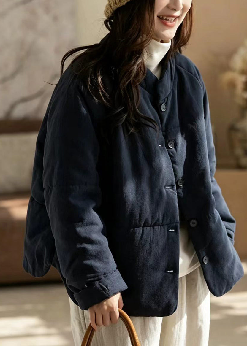 Loose Navy Stand Collar Button Cotton Filled Puffer Jacket Winter