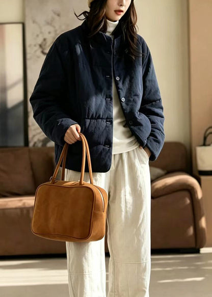 Loose Navy Stand Collar Button Cotton Filled Puffer Jacket Winter