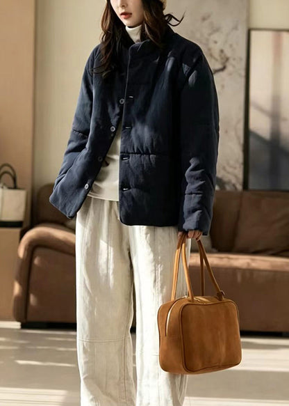 Loose Navy Stand Collar Button Cotton Filled Puffer Jacket Winter