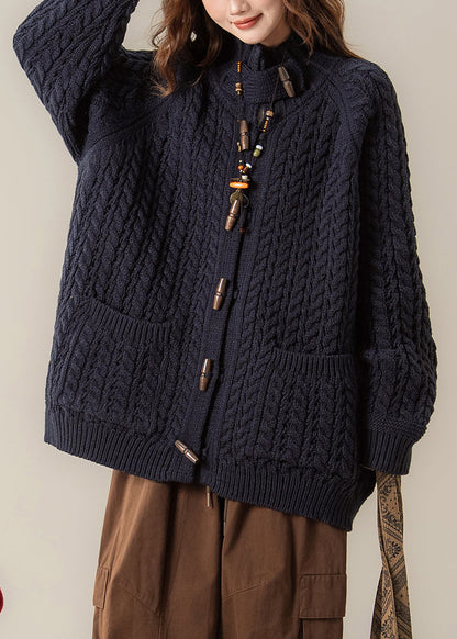 Loose Navy Stand Collar Pockets Cable Knit Coats Winter