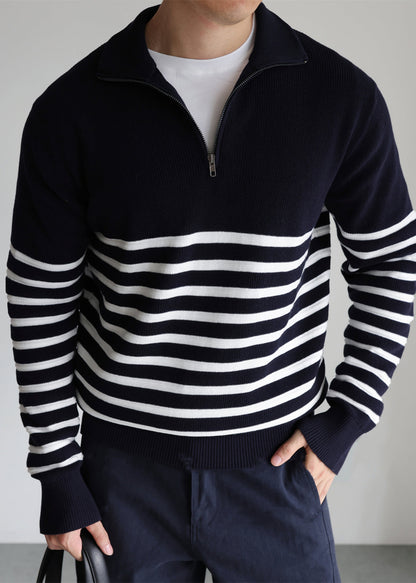Loose Navy Zip Up Striped Knit Mens Sweaters Fall