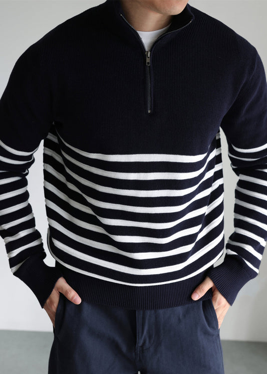 Loose Navy Zip Up Striped Knit Mens Sweaters Fall