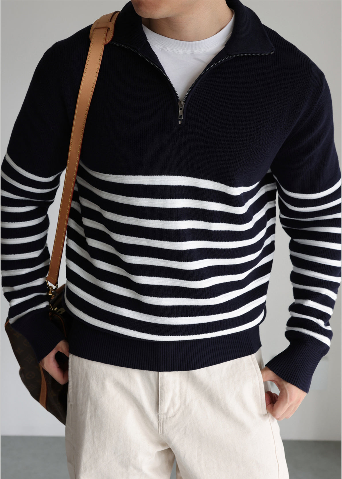 Loose Navy Zip Up Striped Knit Mens Sweaters Fall