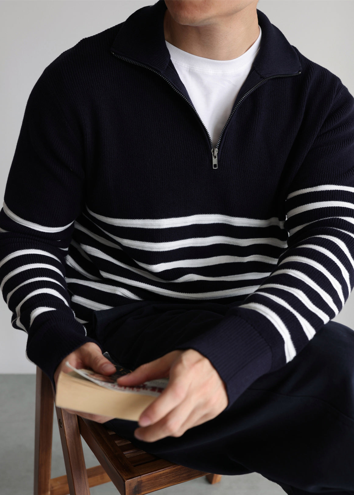 Loose Navy Zip Up Striped Knit Mens Sweaters Fall
