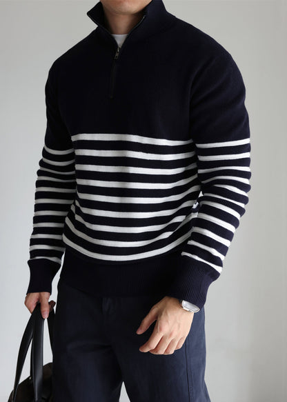Loose Navy Zip Up Striped Knit Mens Sweaters Fall