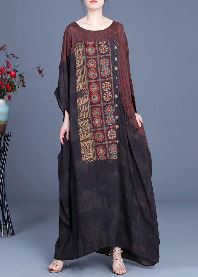 Loose O-Neck Patchwork Asymmetrical Design Print Silk Long Dresses Batwing Sleeve