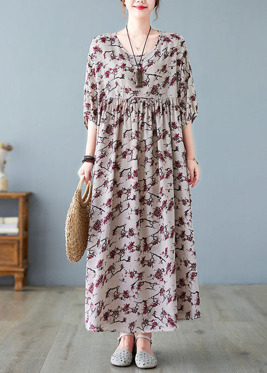 Loose O-Neck Patchwork Wrinkled Cotton Long Dress Summer