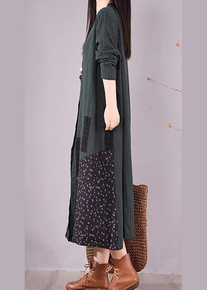 Loose O Neck Pockets Spring Clothes Design Blackish Green Patchwork Print Dresses - SooLinen