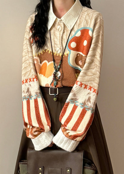 Loose O Neck Print Button Knit Coats Spring