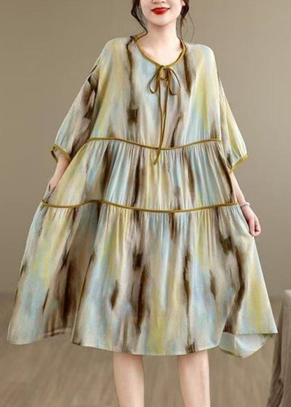Loose O Neck Print Lace Up Patchwork Cotton Dress Summer