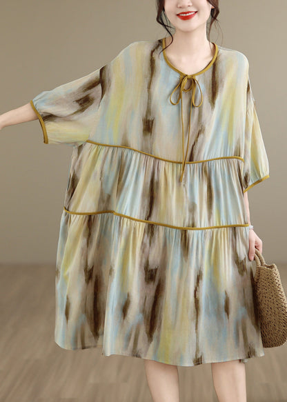 Loose O Neck Print Lace Up Patchwork Cotton Dress Summer
