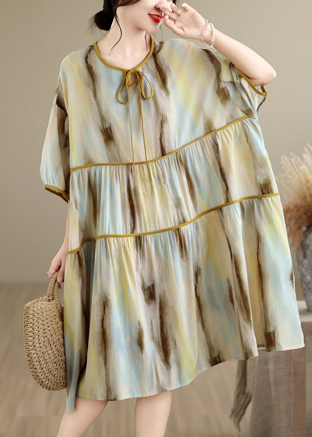 Loose O Neck Print Lace Up Patchwork Cotton Dress Summer