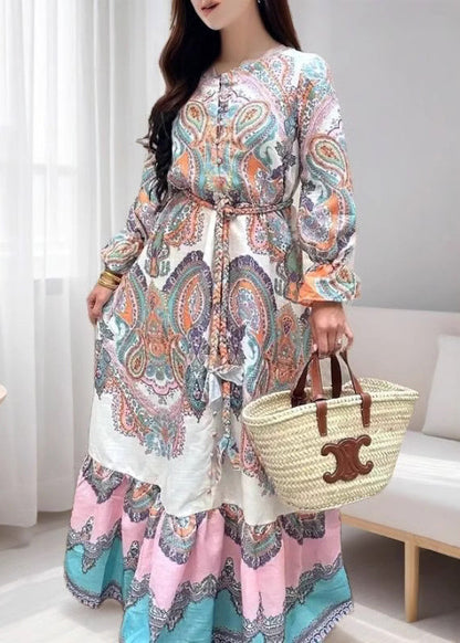 Loose O Neck Print Tie Waist Patchwork Cotton Shirts Dresses Spring