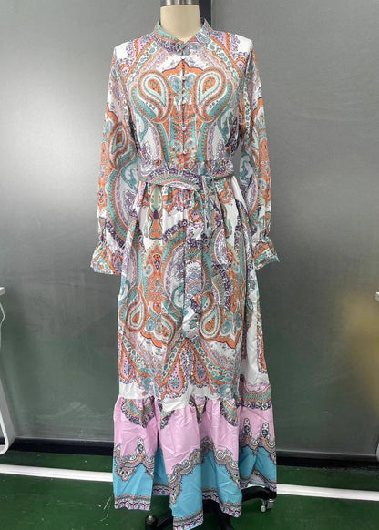 Loose O Neck Print Tie Waist Patchwork Cotton Shirts Dresses Spring