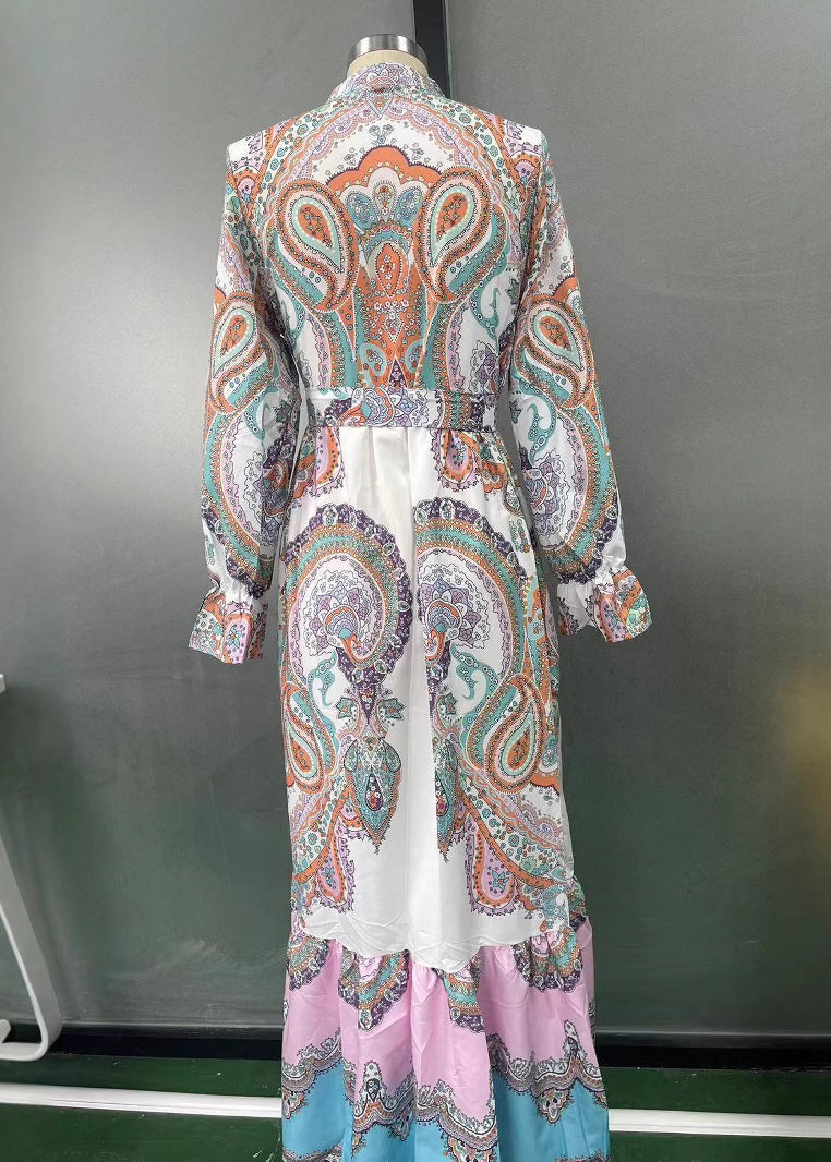 Loose O Neck Print Tie Waist Patchwork Cotton Shirts Dresses Spring