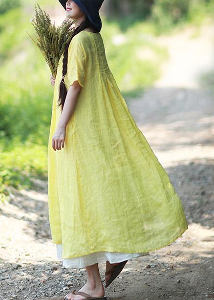 Loose O Neck Short Sleeve Clothes Work Yellow Dresses - SooLinen