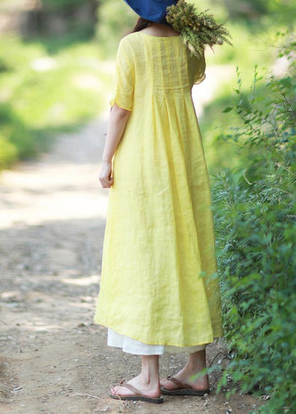 Loose O Neck Short Sleeve Clothes Work Yellow Dresses - SooLinen