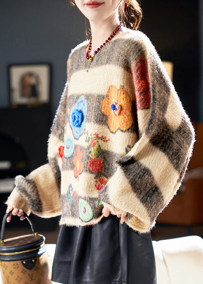 Loose O Neck Striped Floral Knit Sweaters Winter