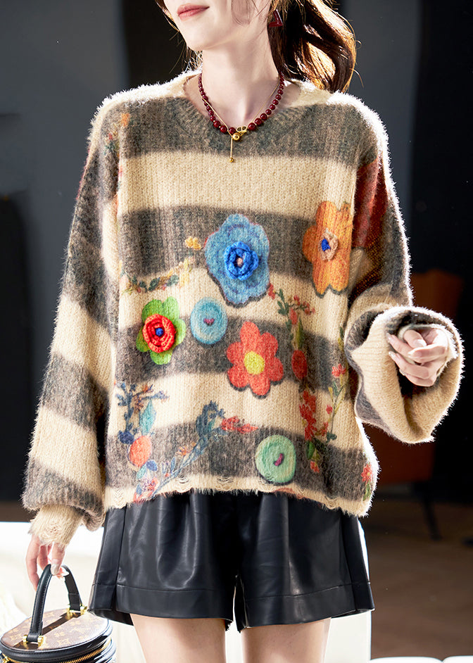 Loose O Neck Striped Floral Knit Sweaters Winter