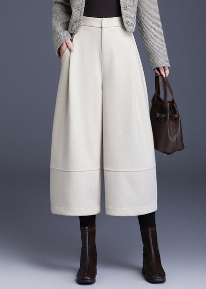 Loose Off Beige Pockets High Waist Woolen Wide Leg Crop Pants Fall