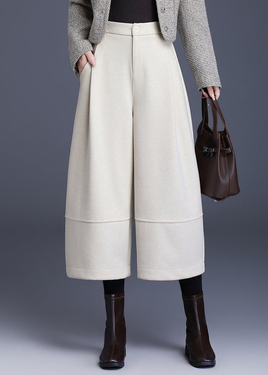 Loose Off Beige Pockets High Waist Woolen Wide Leg Crop Pants Fall