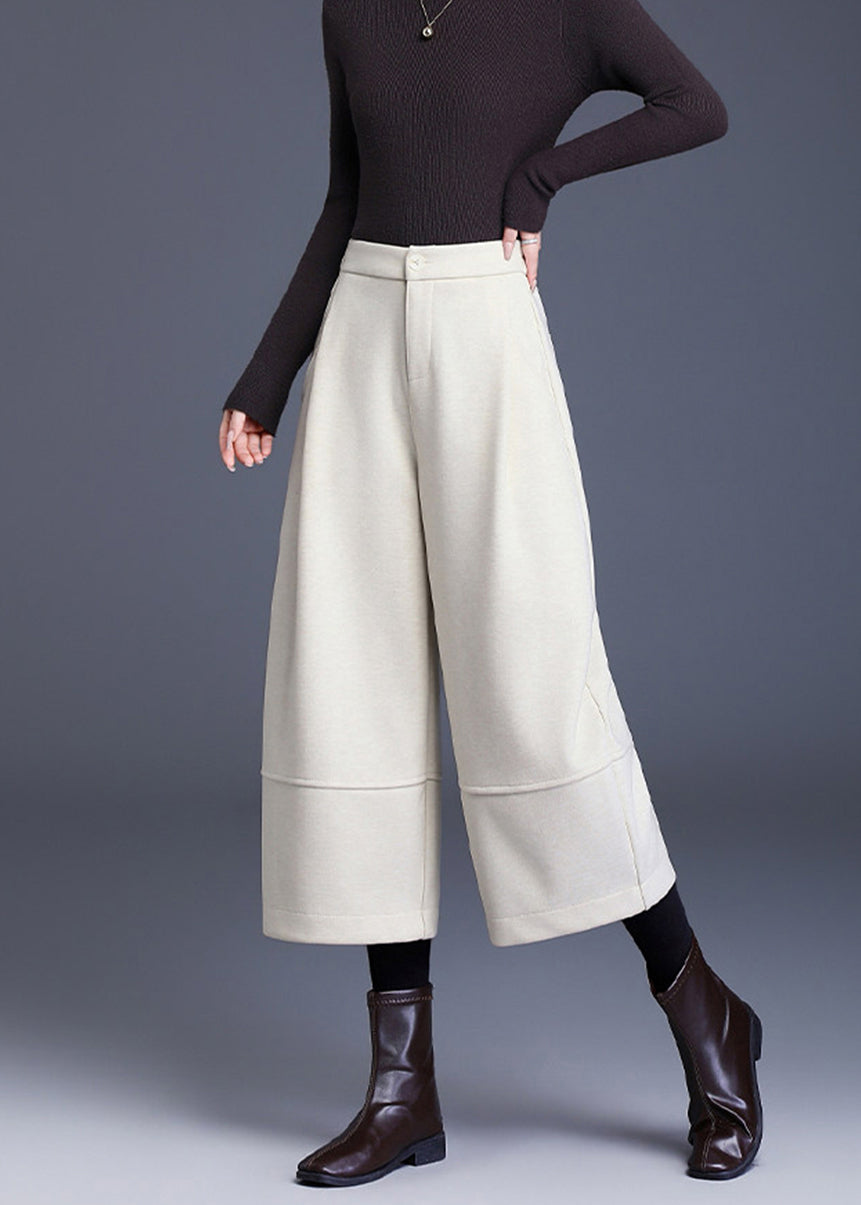 Loose Off Beige Pockets High Waist Woolen Wide Leg Crop Pants Fall