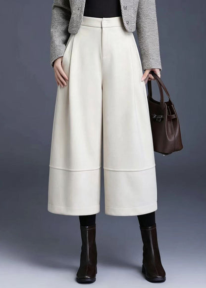 Loose Off Beige Pockets High Waist Woolen Wide Leg Crop Pants Fall