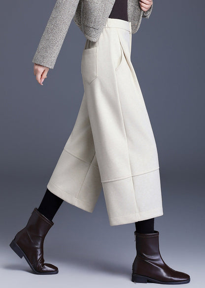 Loose Off Beige Pockets High Waist Woolen Wide Leg Crop Pants Fall