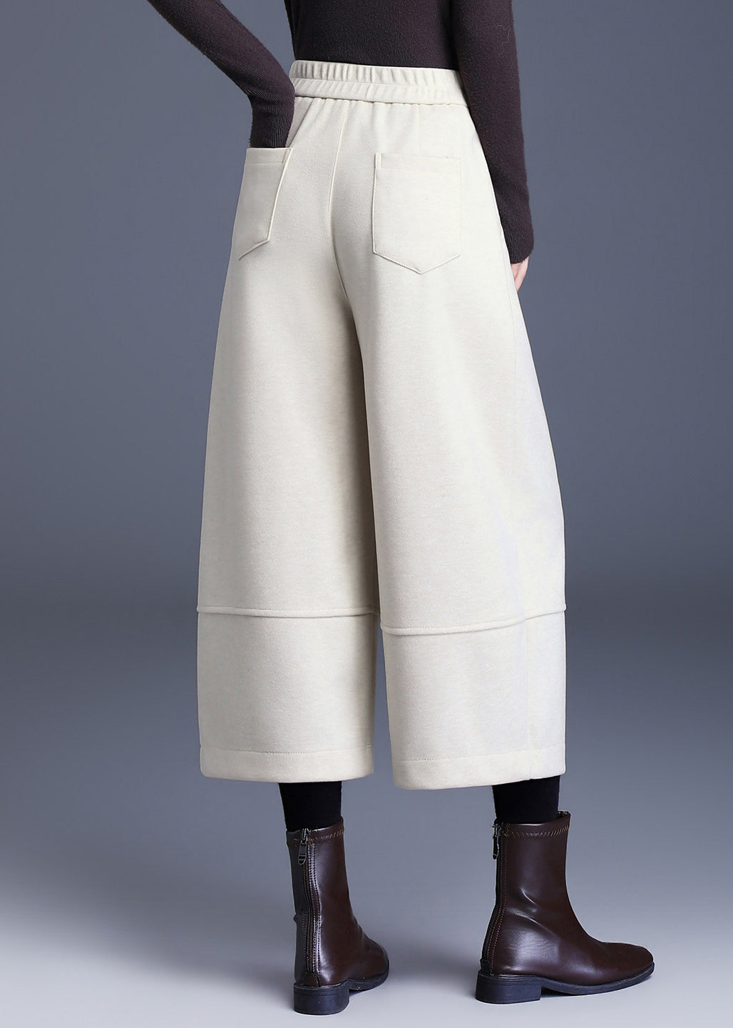 Loose Off Beige Pockets High Waist Woolen Wide Leg Crop Pants Fall