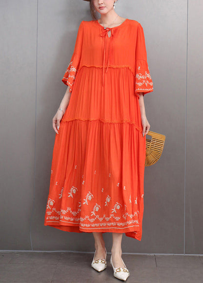 Loose Orange Embroidered Lace Up Pockets Cotton Dresses Half Sleeve