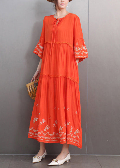 Loose Orange Embroidered Lace Up Pockets Cotton Dresses Half Sleeve