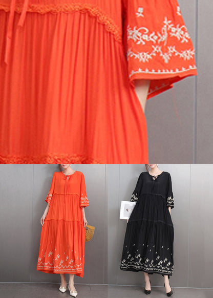 Loose Orange Embroidered Lace Up Pockets Cotton Dresses Half Sleeve