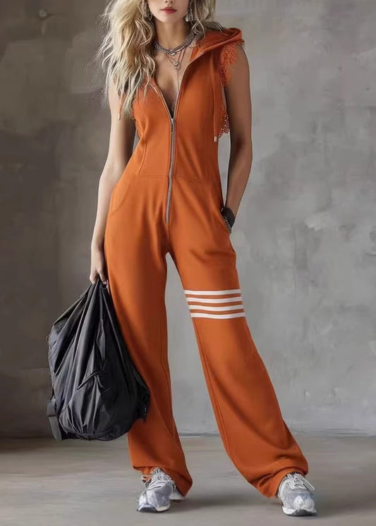 Loose Orange Hooded Striped Cotton Jumpsuits Sleeveless