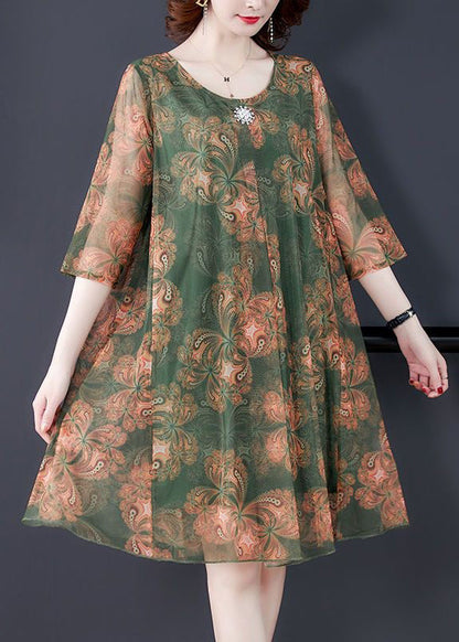 Loose Orange O Neck Print Tulle Dress Summer