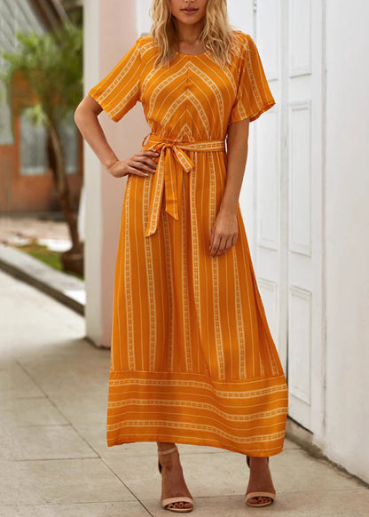 Loose Orange O Neck Striped Tie Waist Cotton Long Dress Summer