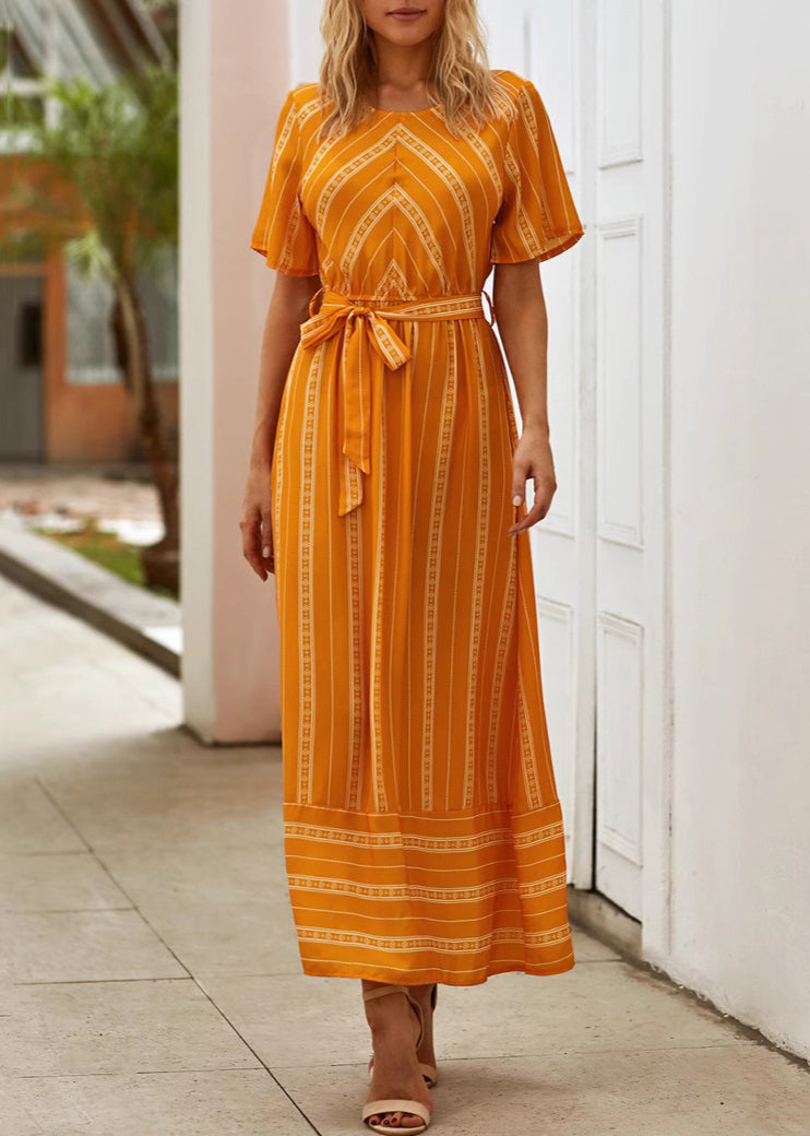 Loose Orange O Neck Striped Tie Waist Cotton Long Dress Summer