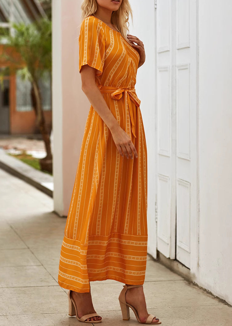 Loose Orange O Neck Striped Tie Waist Cotton Long Dress Summer
